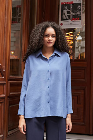 Kadın Pamuksu Modal Cupra Kumaş Yakalı Yanları Yırtmaçlı Uzun Kol Gömlek-İndigo