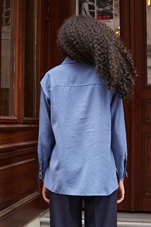 Kadın Pamuksu Modal Cupra Kumaş Yakalı Yanları Yırtmaçlı Uzun Kol Gömlek-İndigo