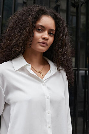 Kadın Pamuksu Modal Cupra Kumaş Yakalı Yanları Yırtmaçlı Uzun Kol Gömlek-Krem