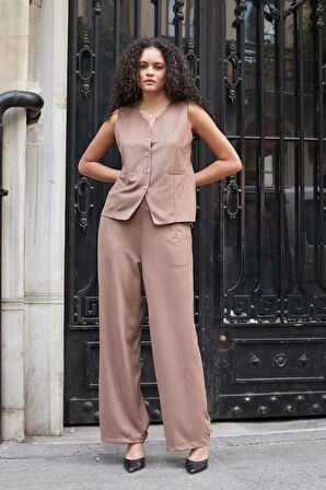 Kadın Süet Dokulu Kumaş Yüksek Bel Yan Cepli Beli Lastikli Bol Paça Palazzo Pantolon-Vizon