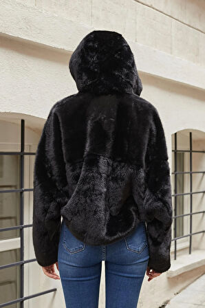 Kadın Kapşonlu Önü Fermuarlı Kürk Kaban-Siyah 