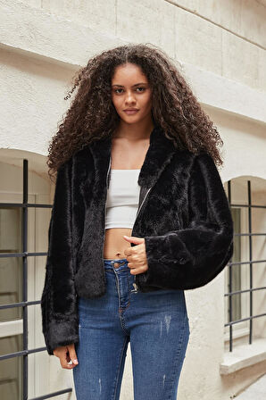 Kadın Kapşonlu Önü Fermuarlı Kürk Kaban-Siyah 