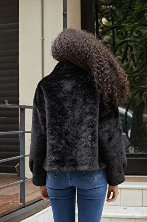 Kadın Kalın Kürk İç Kısmı Deri Astarlı Kaban-Siyah