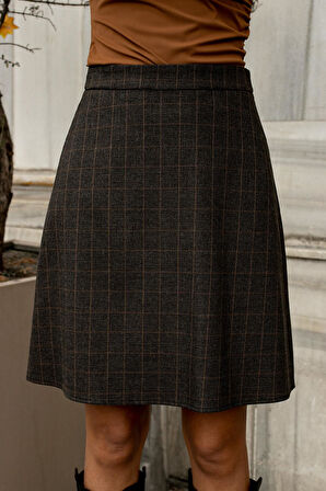 Yüksek Bel Hafif Likralı Kumaş Diz Boy Çan Etek-Kahve Ekose 