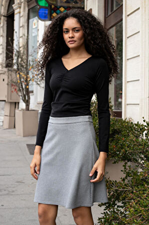 Yüksek Bel Hafif Likralı Kumaş Diz Boy Çan Etek-Siyah Kazayağı 