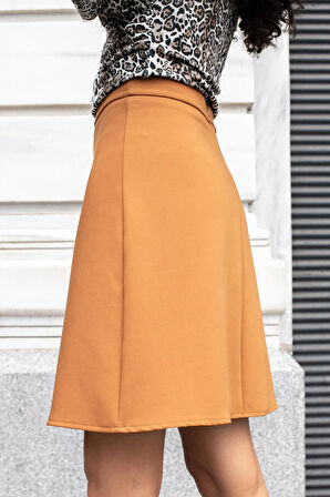 Yüksek Bel Hafif Likralı Kumaş Diz Boy Çan Etek-Taba 