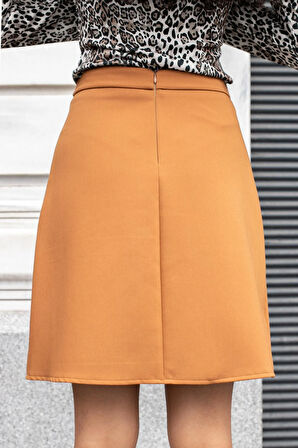 Yüksek Bel Hafif Likralı Kumaş Diz Boy Çan Etek-Taba 