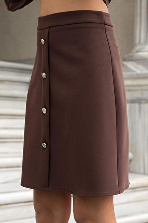 Kadın Yüksek Bel Önü Düğmeli Diz Boy Hafif Esnek Kumaş Çan Etek-Kahve 