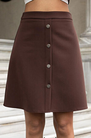 Kadın Yüksek Bel Önü Düğmeli Diz Boy Hafif Esnek Kumaş Çan Etek-Kahve 