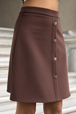 Kadın Yüksek Bel Önü Düğmeli Diz Boy Hafif Esnek Kumaş Çan Etek-Kahve 