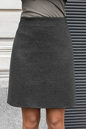 Kadın Kalın Esnek Kumaş Yüksek Bel Diz Üstü Çan Etek-Antrasit