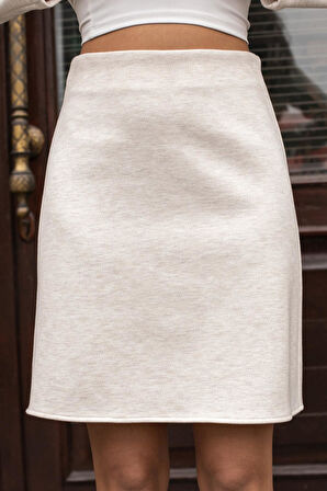 Kadın Kalın Esnek Kumaş Yüksek Bel Diz Üstü Çan Etek-Krem