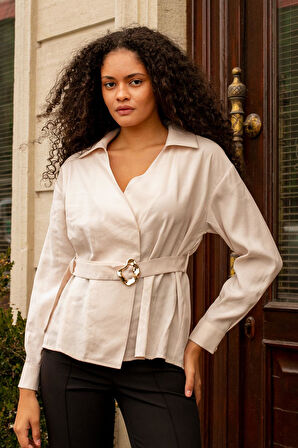 Kadın İpeksi Dokulu Likrasız Modal Kumaş Yakalı Anvelop Kemerli Şık Bluz-Bej
