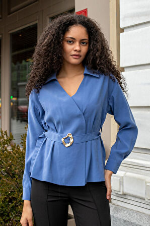 Kadın İpeksi Dokulu Likrasız Modal Kumaş Yakalı Anvelop Kemerli Şık Bluz-İndigo