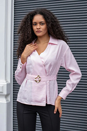 Kadın İpeksi Dokulu Likrasız Modal Kumaş Yakalı Anvelop Kemerli Şık Bluz-Pembe