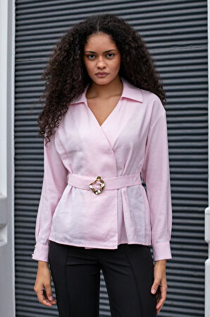 Kadın İpeksi Dokulu Likrasız Modal Kumaş Yakalı Anvelop Kemerli Şık Bluz-Pembe