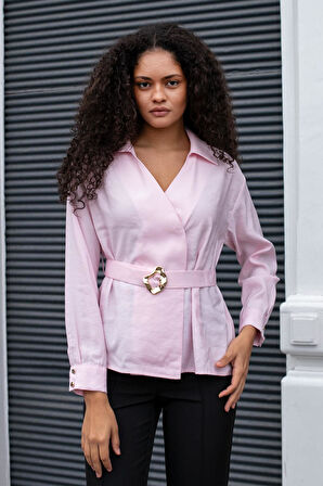 Kadın İpeksi Dokulu Likrasız Modal Kumaş Yakalı Anvelop Kemerli Şık Bluz-Pembe