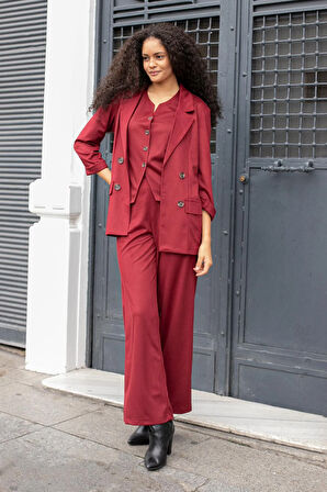 Kadın Süet Dokulu Kumaş Yakalı Capri Kol Cep Kapaklı Blazer Ceket-Bordo 