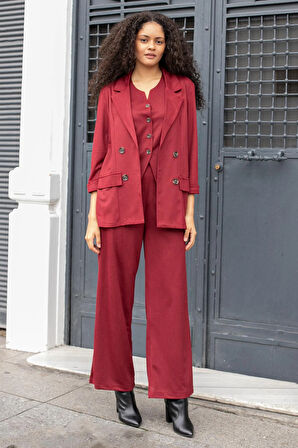 Kadın Süet Dokulu Kumaş Yakalı Capri Kol Cep Kapaklı Blazer Ceket-Bordo 