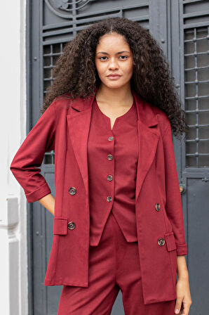 Kadın Süet Dokulu Kumaş Yakalı Capri Kol Cep Kapaklı Blazer Ceket-Bordo 