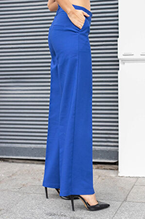 Kadın Yüksek Bel Yan Cepli Bol Paça Rahat Kesim Palazzo Kumaş Pantolon-İndigo 