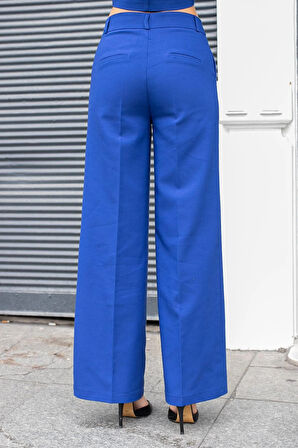 Kadın Yüksek Bel Yan Cepli Bol Paça Rahat Kesim Palazzo Kumaş Pantolon-İndigo 