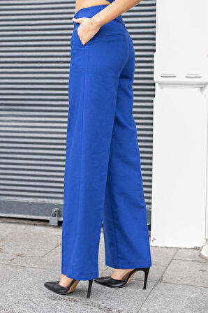 Kadın Yüksek Bel Yan Cepli Bol Paça Rahat Kesim Palazzo Kumaş Pantolon-İndigo 