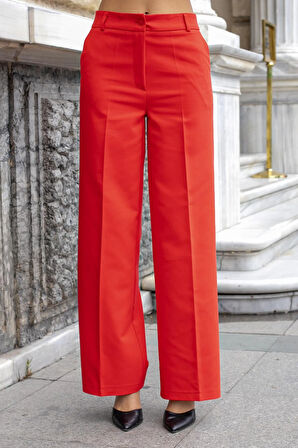 Kadın Yüksek Bel Yan Cepli Bol Paça Rahat Kesim Palazzo Kumaş Pantolon-Kırmızı 