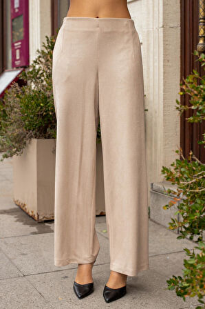 Kadın Süet Dokulu Kumaş Yüksek Bel Yan Cepli Beli Lastikli Bol Paça Palazzo Pantolon-Bej 