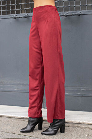 Kadın Süet Dokulu Kumaş Yüksek Bel Yan Cepli Beli Lastikli Bol Paça Palazzo Pantolon-Bordo 