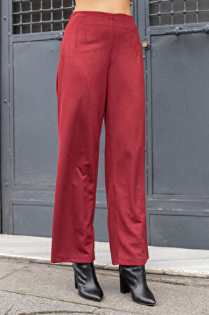 Kadın Süet Dokulu Kumaş Yüksek Bel Yan Cepli Beli Lastikli Bol Paça Palazzo Pantolon-Bordo 