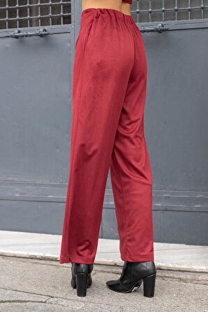 Kadın Süet Dokulu Kumaş Yüksek Bel Yan Cepli Beli Lastikli Bol Paça Palazzo Pantolon-Bordo 