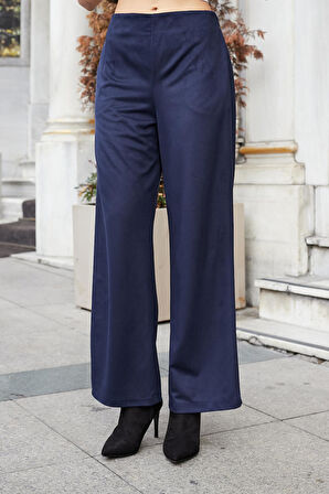 Kadın Süet Dokulu Kumaş Yüksek Bel Yan Cepli Beli Lastikli Bol Paça Palazzo Pantolon-Lacivert 