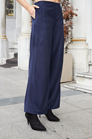 Kadın Süet Dokulu Kumaş Yüksek Bel Yan Cepli Beli Lastikli Bol Paça Palazzo Pantolon-Lacivert 