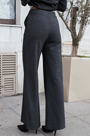 Kadın Kalın Esnek Kumaş Yan Cepli Bol Paça Yüksek Bel Rahat Kesim Palazzo Pantolon-Antrasit