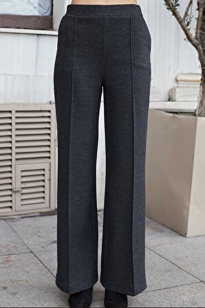 Kadın Kalın Esnek Kumaş Yan Cepli Bol Paça Yüksek Bel Rahat Kesim Palazzo Pantolon-Antrasit