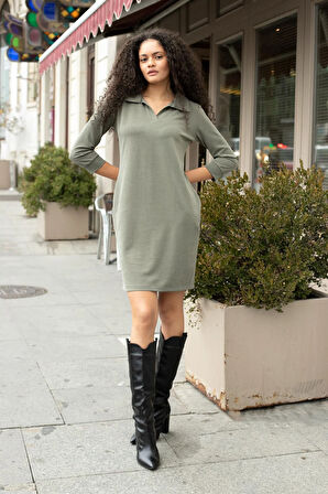 Kadın Baharlık Esnek Modal Kumaş Yakalı Patlı Kapri Truvakar Kol Elbise-Haki