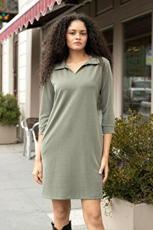 Kadın Baharlık Esnek Modal Kumaş Yakalı Patlı Kapri Truvakar Kol Elbise-Haki