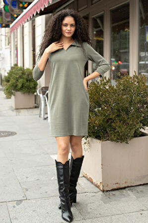 Kadın Baharlık Esnek Modal Kumaş Yakalı Patlı Kapri Truvakar Kol Elbise-Haki