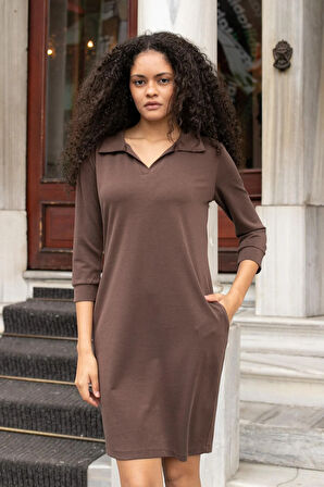 Kadın Baharlık Esnek Modal Kumaş Yakalı Patlı Kapri Truvakar Kol Elbise-Kahve