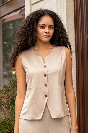 Kadın Süet Dokulu Kumaş Geniş Sıfır Yakalı Flato Cepli Yelek-Bej 