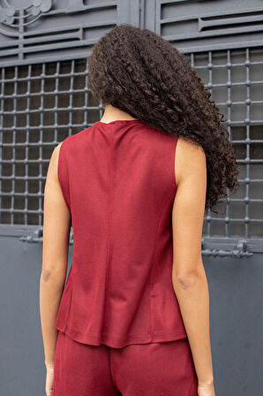 Kadın Süet Dokulu Kumaş Geniş Sıfır Yakalı Flato Cepli Yelek-Bordo 