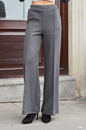 Kadın Hafif Esnek Fitilli Kumaş Yan Cepli Rahat Kesim Palazzo Pantolon-Antrasit