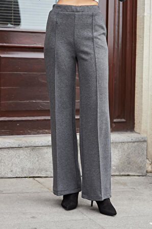 Kadın Hafif Esnek Fitilli Kumaş Yan Cepli Rahat Kesim Palazzo Pantolon-Antrasit