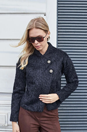 Kadın Kürk Kaşe Dik Yaka Kısa Kaban-Siyah 