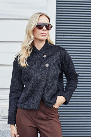 Kadın Kürk Kaşe Dik Yaka Kısa Kaban-Siyah 