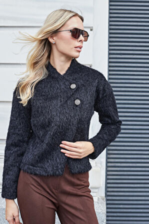 Kadın Kürk Kaşe Dik Yaka Kısa Kaban-Siyah 