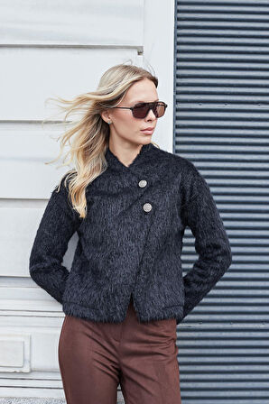 Kadın Kürk Kaşe Dik Yaka Kısa Kaban-Siyah 