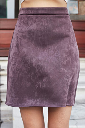 Kadın Hafif Lİkralı Nubuk Kumaş Diz Boy Çan Etek-Kahve