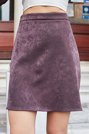 Kadın Hafif Lİkralı Nubuk Kumaş Diz Boy Çan Etek-Kahve